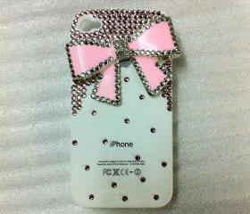 New Bling Crystal Pink Bow Pink Rhinestones White iPhone Case